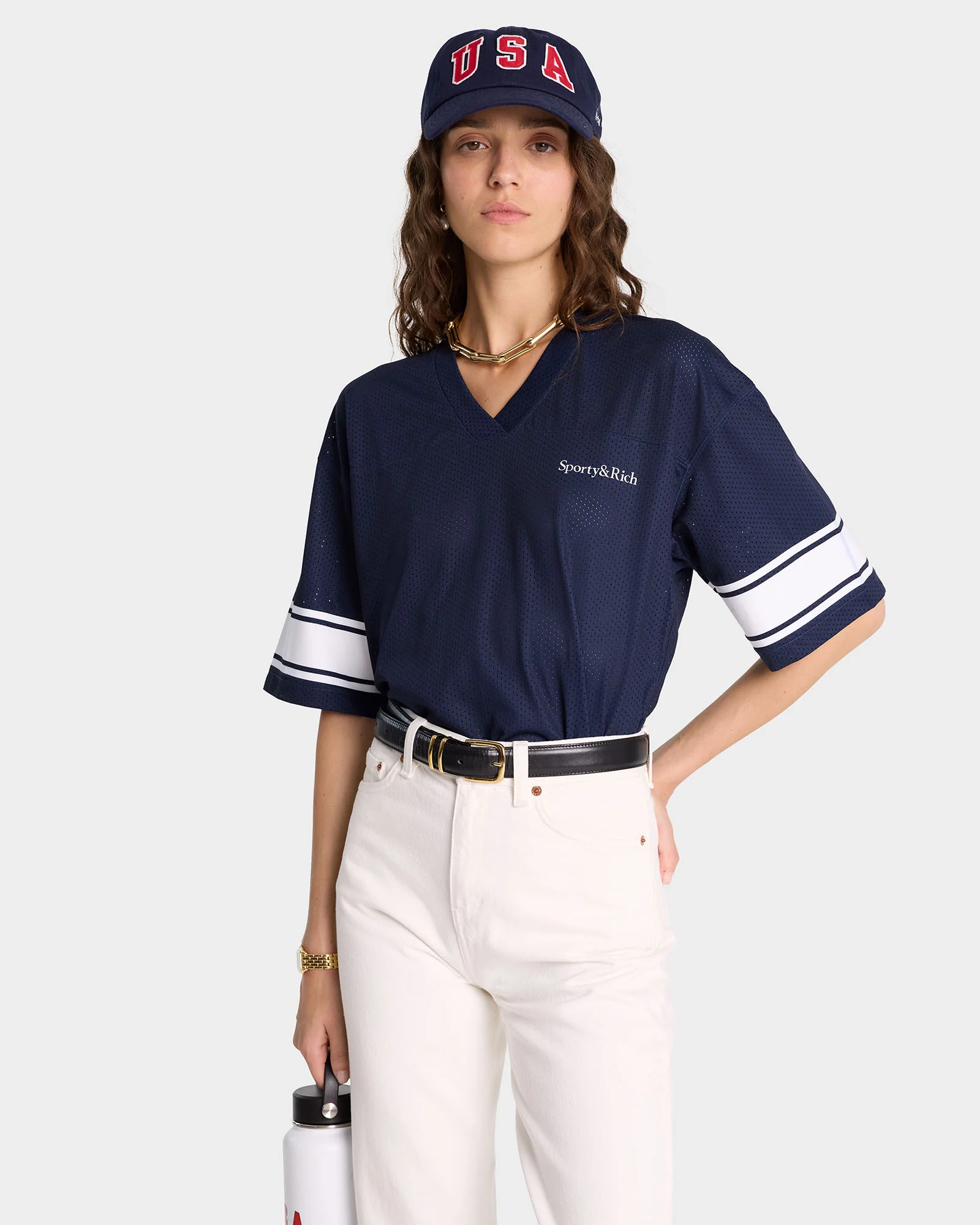 Serif Logo Mesh Jersey - Navy/White - Image 3