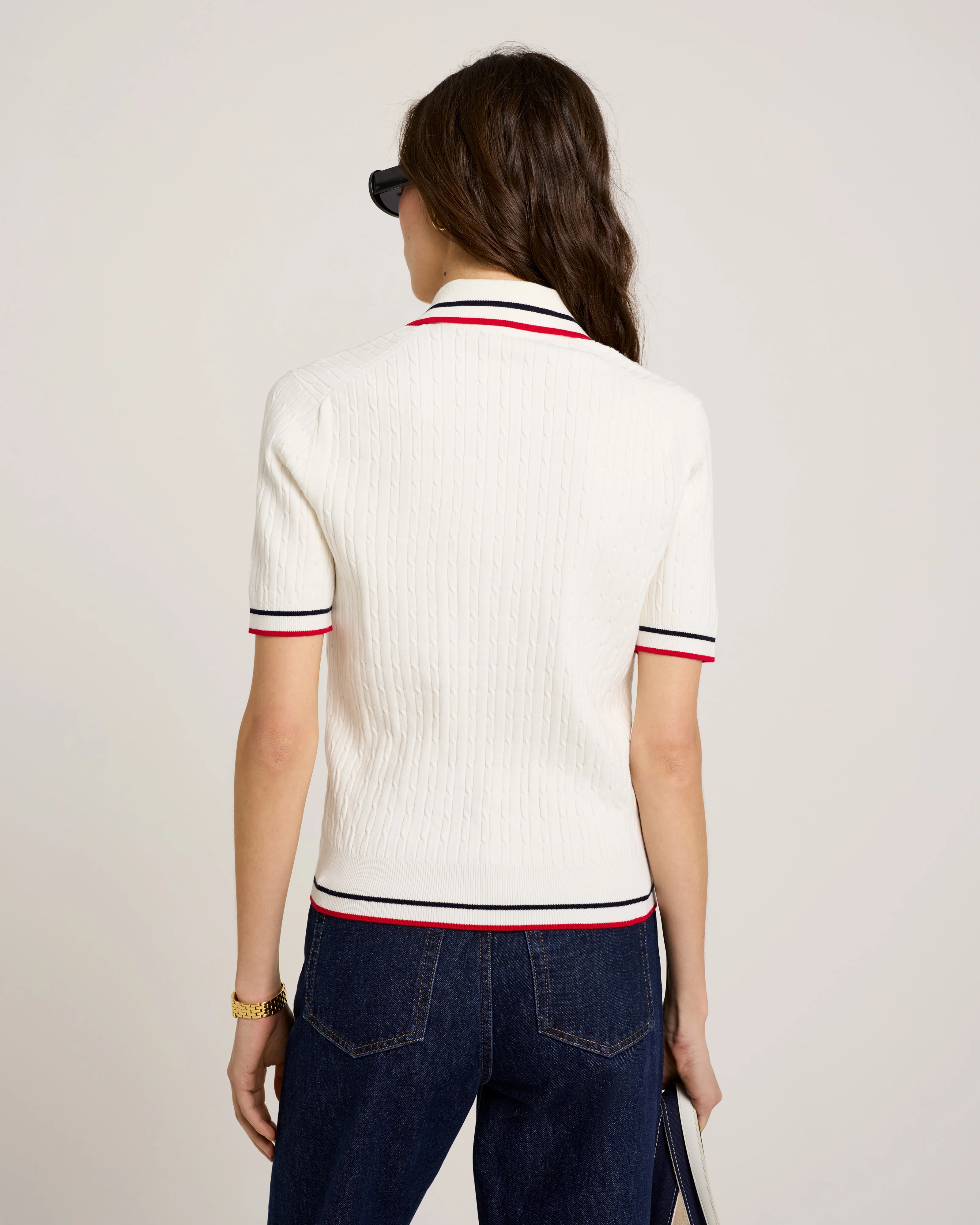 Serif Logo Mini Cable Polo - Off White/Navy/Red - Image 4