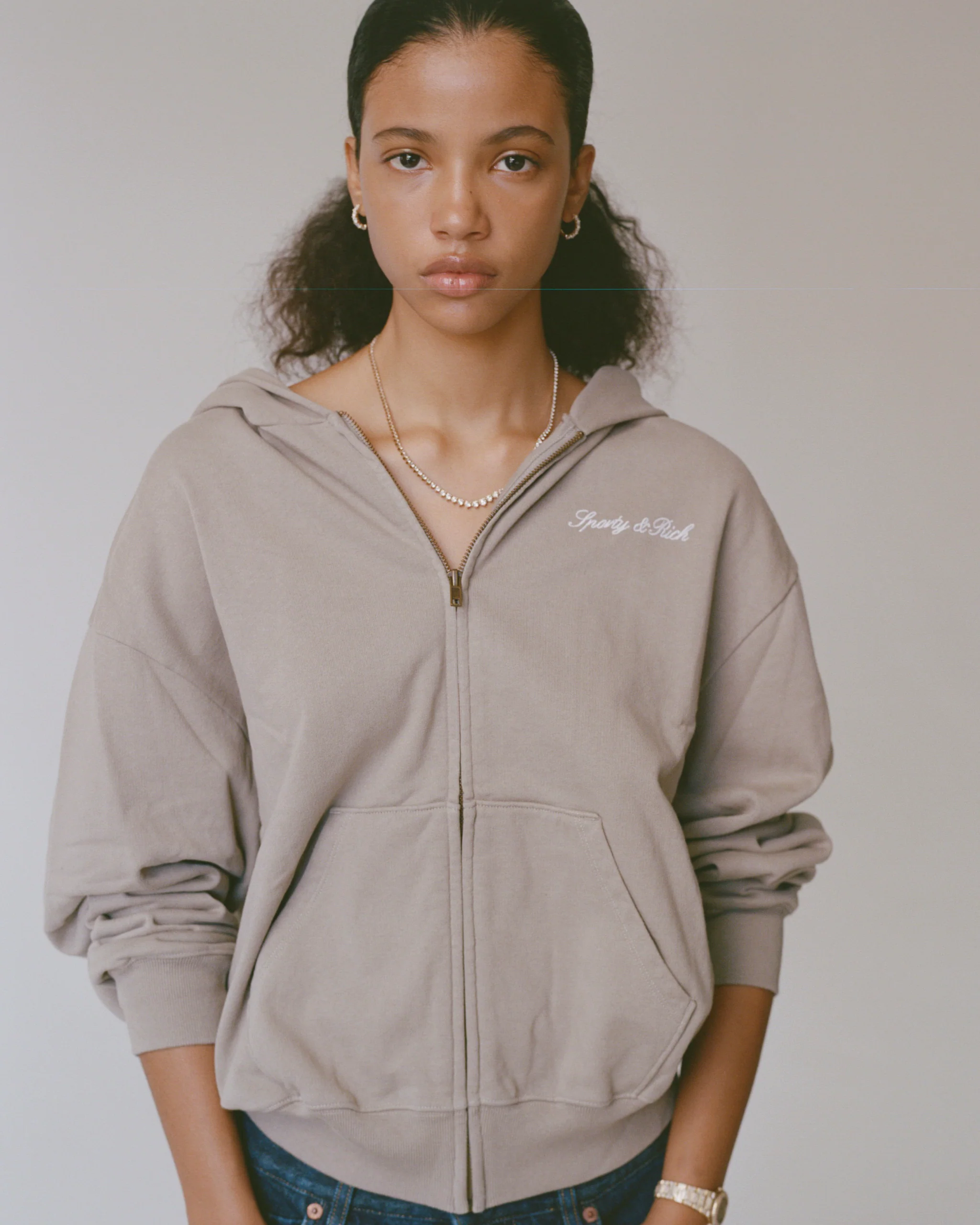 Signature Logo Embroidered Zip Hoodie - Hazelnut/White - Image 6