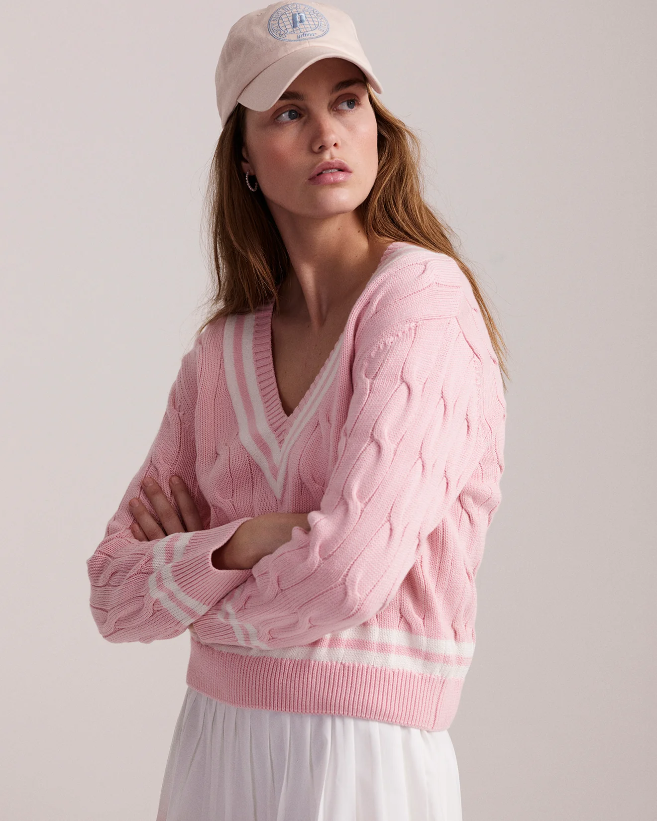 SRC Cableknit V-Neck Sweater - Baby Pink/Cream - Image 5