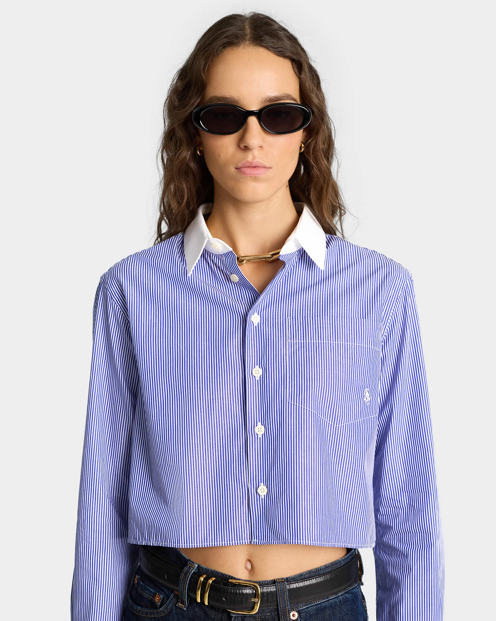 SRC Cropped Shirt - White/Blue Stripe - Image 4